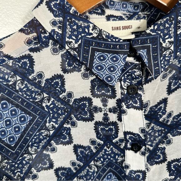Sans Souci Blue White Paisley Patterned Tunic Button-Up Shirt Size Medium - Picture 11 of 16
